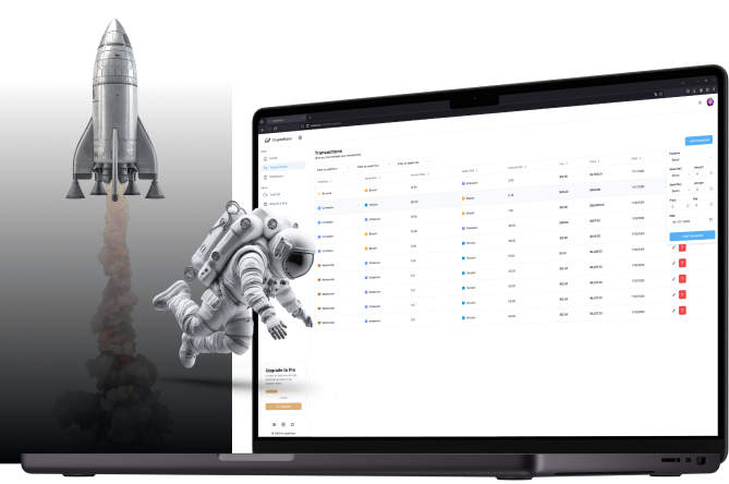 un laptop, une fusée et un astronaute